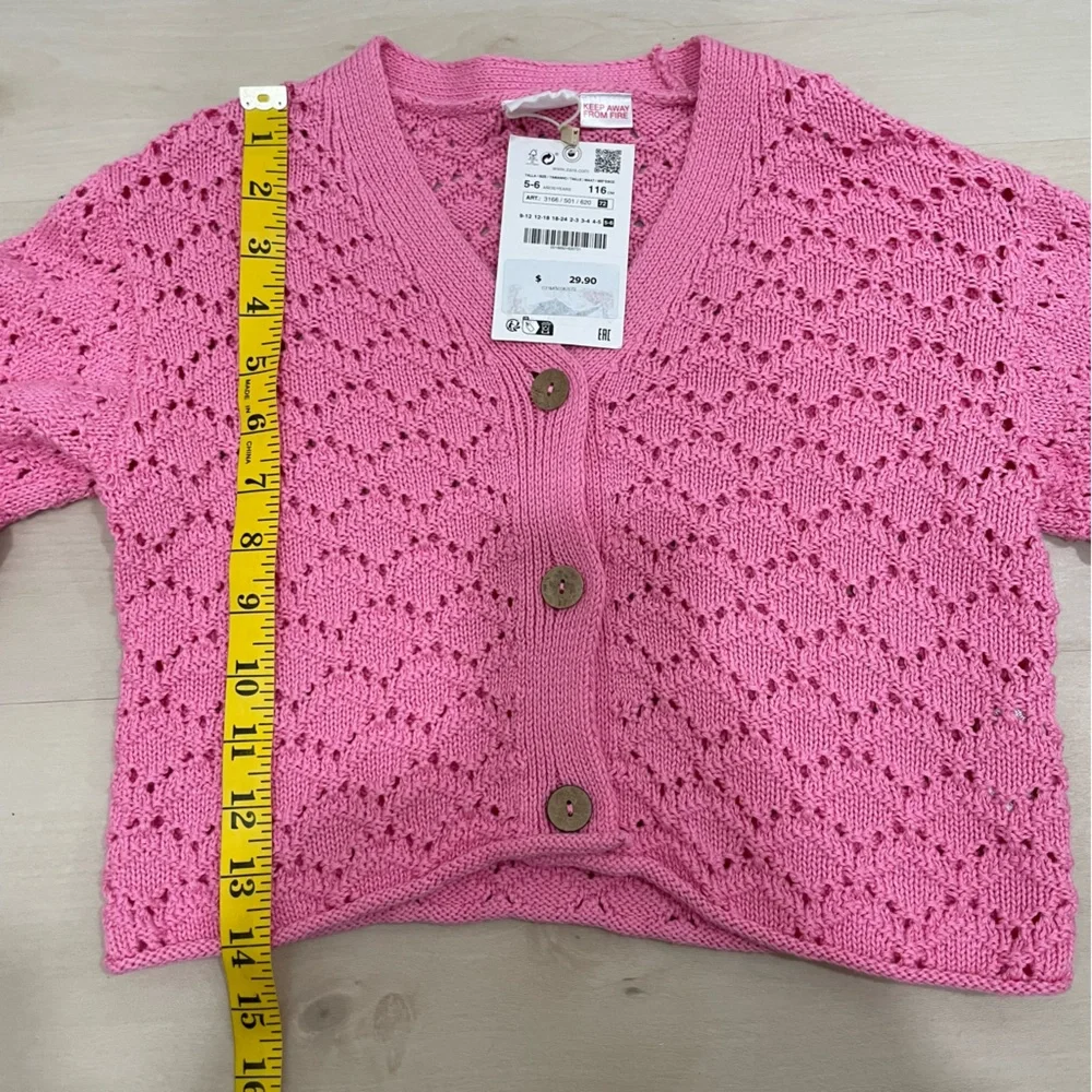 NWT Zara Girl's 5-6 Open Knit Cardigan Sweater Pink Button Down V Neck - Picture 10 of 11